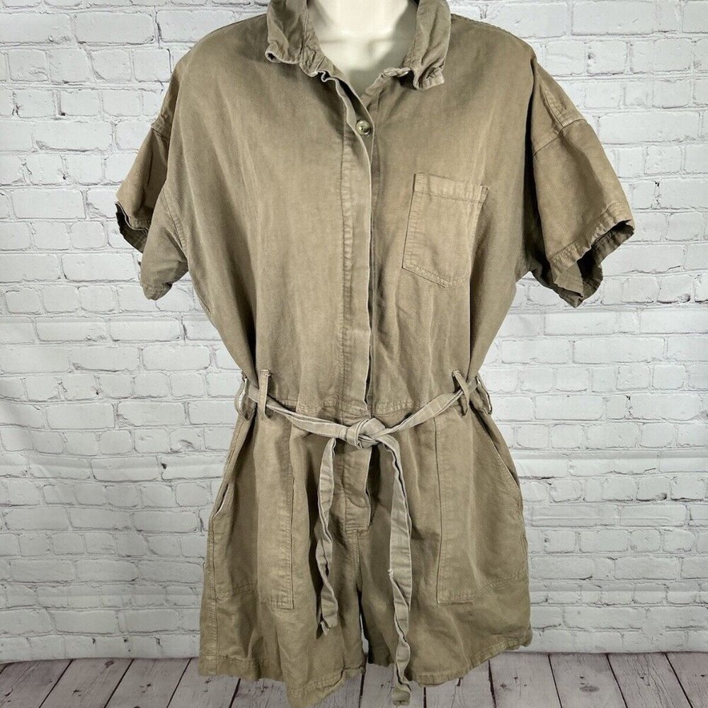 Esby Brown Tori Jumper Utility Belted Romper Cotton Linen Blend Women’s M